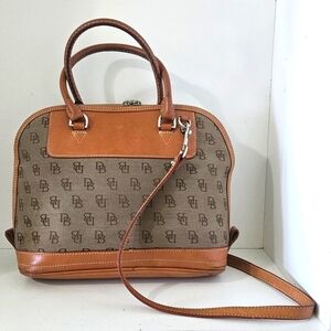 Vintage Dooney and bourke Signature Jacquard Tan/ Brown Leather Crossbody/ Satch